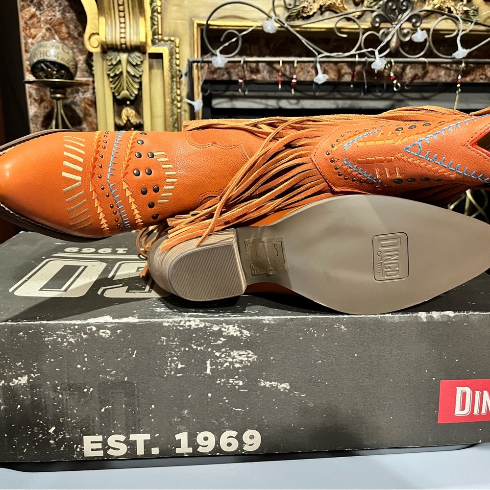 Dingo Orange Fringe Studded Western Heeled Boots - Picture 2 of 4